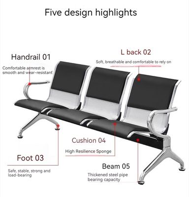 Meubles d'hôpital PU Chaises d'attente d'hôpital en acier inoxydable Chaise de rangée publique